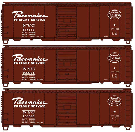 AAR 40' Single-Door Steel Boxcar 3-Pack - Kit -- New York Central #168739, 168804, 168927 (Boxcar Red, white, Pacemaker Marki
