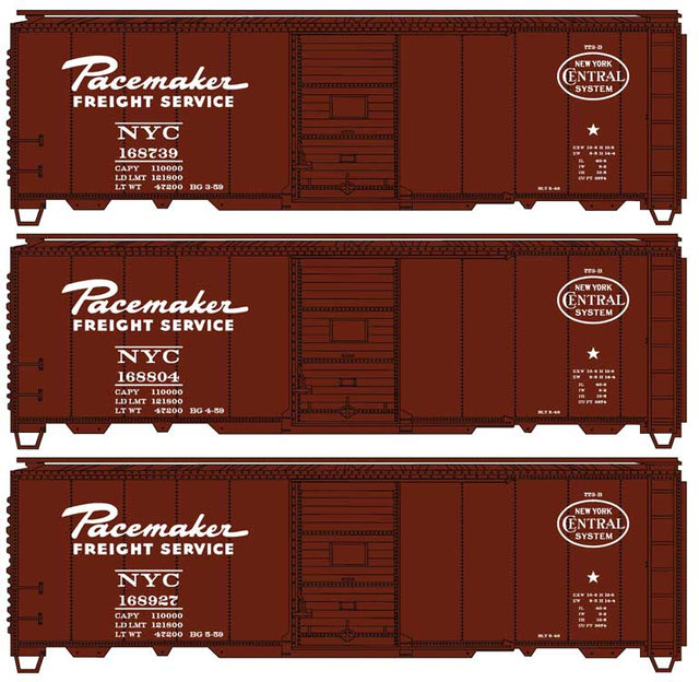 AAR 40' Single-Door Steel Boxcar 3-Pack - Kit -- New York Central #168739, 168804, 168927 (Boxcar Red, white, Pacemaker Marki