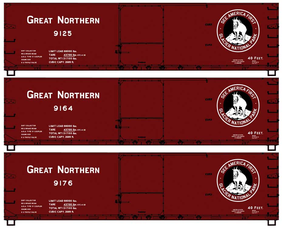 USRA 40' Double-Sheathed Wood Boxcar 3-Pack - Kit -- Great Northern #9125, 9164, 9176 (Boxcar Red, black, See America First Logo)