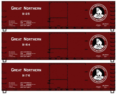 USRA 40' Double-Sheathed Wood Boxcar 3-Pack - Kit -- Great Northern #9125, 9164, 9176 (Boxcar Red, black, See America First Logo)
