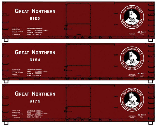USRA 40' Double-Sheathed Wood Boxcar 3-Pack - Kit -- Great Northern #9125, 9164, 9176 (Boxcar Red, black, See America First Logo)