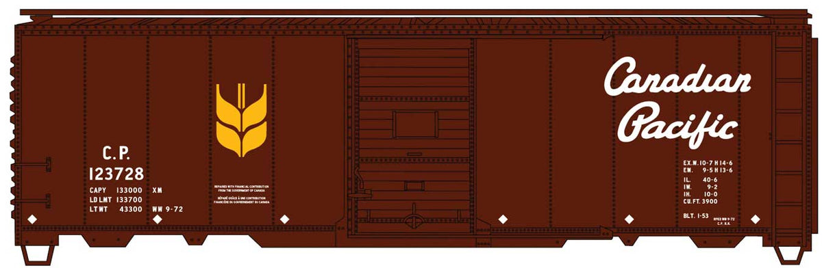 AAR 40' Single-Door Steel Boxcar - Kit -- Canadian Pacific #123728 (Boxcar Red, yellow Wheat Sheaf, Script Lettering)