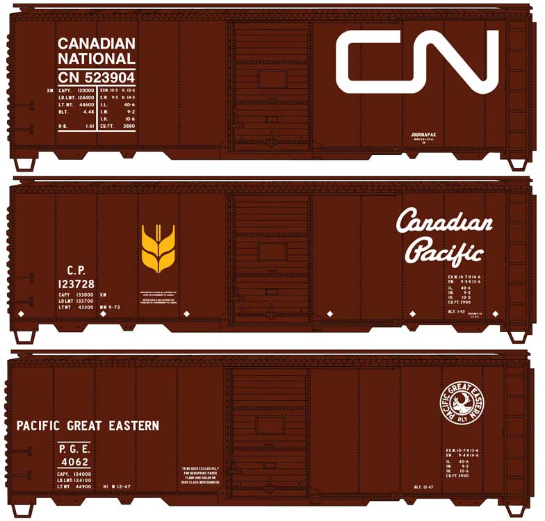 AAR 40' Single-Door Steel Boxcar 3-Pack - Kit -- 1 Each Canadian National, Canadian Pacific, Pacific Great Eastern