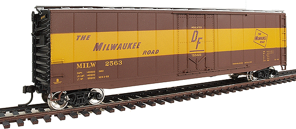 Accuready(TM) 50' Plug-Door AAR Boxcar - Assembled -- Milwaukee Road #2563 (oxide w/Large yellow Stripe)