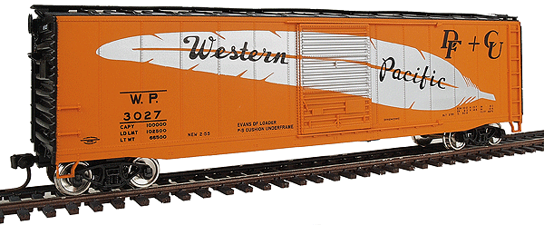 Accuready(TM) 50' Riveted AAR Steel Boxcar - Assembled -- Western Pacific #3027 (orange w/large silver Feather)