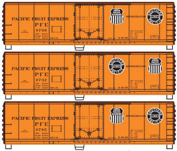 40' Steel Reefer w/Plug Doors 3-Pack - Kit -- Pacific Fruit Express #9708, 9732, 9785 (orange, Boxcar Red, B&W Logos)