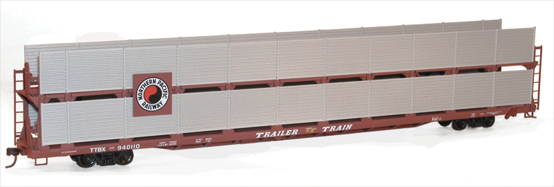 89' Partially Enclosed Bi-level Auto Rack - Kit -- Northern Pacific Rack, Trailer-Train Flat #940110 (Boxcar Red, silver)