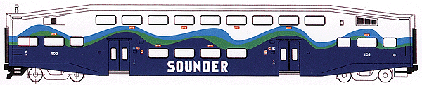 Bombardier Bi-Level Commuter Cab Car -- Sounder (Seattle; white, blue, green)