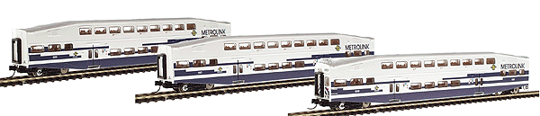Bombardier Bi-Level Commuter Car 3-Pack -- Metrolink (Los Angeles; white, blue)