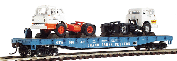 Ready-To-Roll(tm) 40' Flatcar w/2 Ford Tractors (random colors) - Assembled -- Grand Trunk Western #2