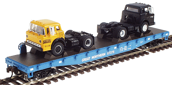Ready-To-Roll(tm) 40' Flatcar w/2 Ford Tractors (random colors) - Assembled -- Great Northern #2 (Sky Blue)