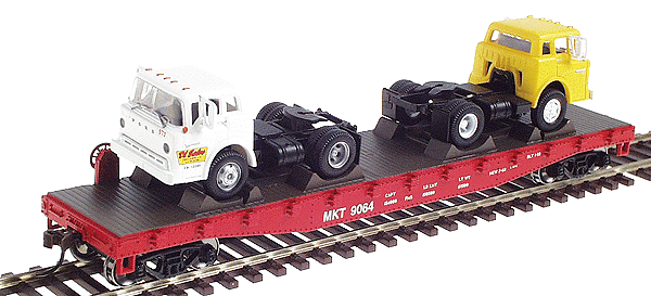 Ready-To-Roll(tm) 40' Flatcar w/2 Ford Tractors (random colors) - Assembled -- Missouri, Kansas & Texas #1