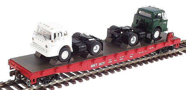 Ready-To-Roll(tm) 40' Flatcar w/2 Ford Tractors (random colors) - Assembled -- Missouri, Kansas & Texas #2