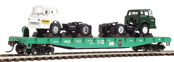 Ready-To-Roll(tm) 40' Flatcar w/2 Ford Tractors (random colors) - Assembled -- Penn Central #1