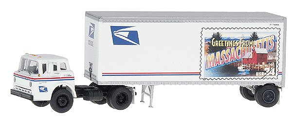 Tractor Trailer - Ford "C" w/28' Trailer - United States Postal Service Se -- Massachusetts State Stamp