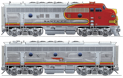 Diesel EMD F7A-B Set - Assembled - Santa Fe "Super Chief" -- Unpowered #47C (A Unit) & 47B "Passenger Warbonnet" (silver & red)