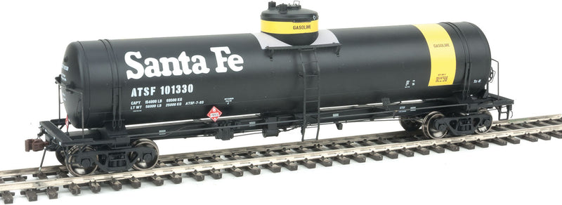 Class TK-N Welded Tank Car, Roller Bearing Trucks - Ready to Run -- Santa Fe 101330 (black, yellow, Gasoline Service, Large Lettering)