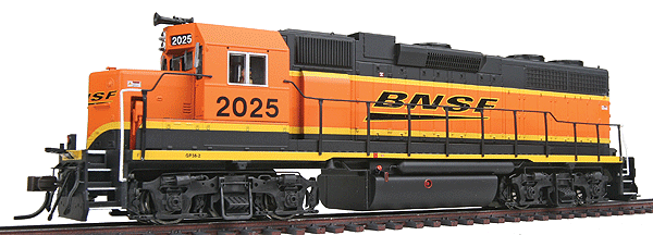 EMD GP38 - Standard DC - Master(R) Silver -- Burlington Northern Santa Fe "New Image" #2025 (black, orange, yellow)Low