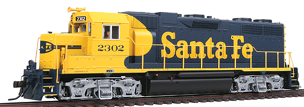 EMD GP38 - Standard DC - Master(R) Silver -- Santa Fe #2302 (blue, yellow) Low Nose
