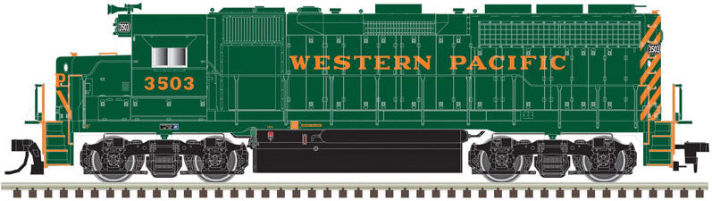 EMD GP40 Low Nose - Standard DC - Master(R) Silver -- Western Pacific #3503 (green, orange; WP on Nose)