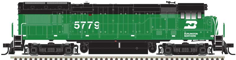 GE U30B Low Nose Phase II No Nose Headlight - LokSound & DCC - Master(R) Gold -- Burlington Northern #5779 (Cascade Green, black)