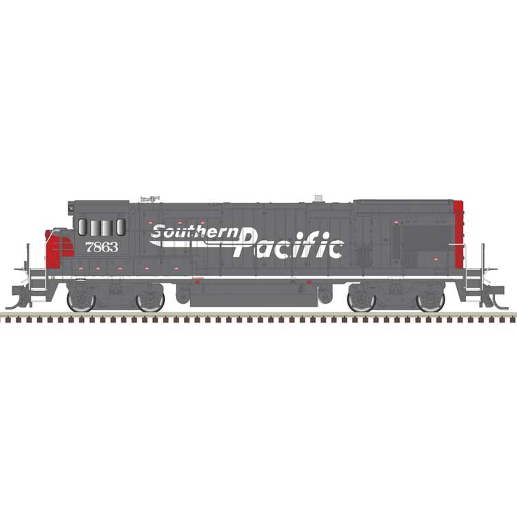 GE B30-7 Low Nose - Standard DC - Master(R) Silver -- Southern Pacific #7828 (gray, red, white, Speed Lettering)