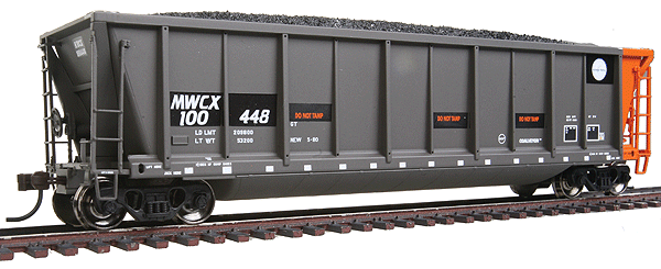 Master(TM) Coalveyor Bathtub Gondola - Ready to Run -- Midwest Railcar MWCX #100448 (black, yellow, yellow Conspicuity Markings)