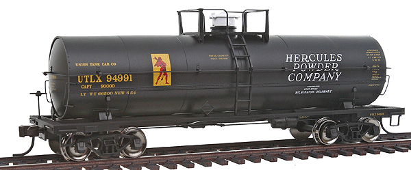 Master Line(R) ACF(R) 11,000-Gallon Tank Car w/Platform - Ready to Run -- Hercules Powder Company UTLX #94991 (black, yellow)