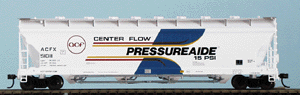 ACF 4-Bay Center Flow (R) Pressureaide(R) Covered Hopper (Ready to Run) -- ACF Demonstrator #15011 (white, blue, red, yellow & black lettering)