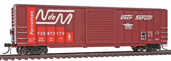 Berwick 50' Boxcar - Ready to Run - Master(R) -- Nacionales de Mexico NdeM 104279 (blue, yellow, Large Logo, Unir Servir Slog