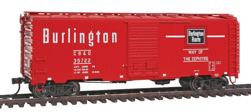 Master AAR Post-War Boxcar w/6' Door - Ready to Run -- Chicago, Burlington & Quincy #35722 (Chinese Red, Everywhere West Slogan)