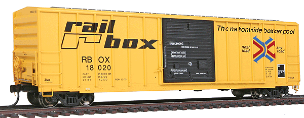 Master FMC 5077 Single Door Boxcar Early Version - Ready to Run -- Railbox #19215 (yellow, black, Large Logo)