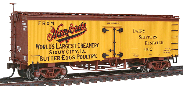 36' Wood Reefer w/Truss Rods - Ready to Run - Master(R) -- Hanford's #662 (yellow, Boxcar Red, black, red)
