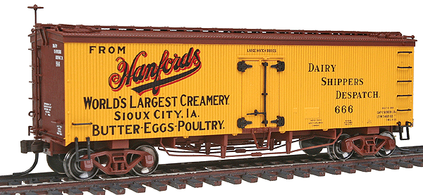 36' Wood Reefer w/Truss Rods - Ready to Run - Master(R) -- Hanford's #666 (yellow, Boxcar Red, black, red)