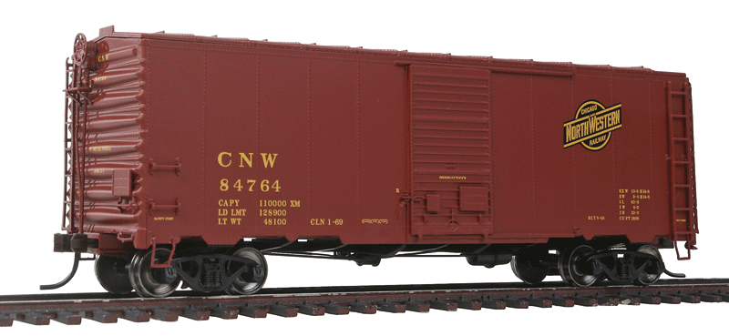 AAR Post-War Boxcar w/6' Door - Ready to Run - Master(R) -- Chicago & North Western #84761 (Boxcar Red, yellow, black)-1