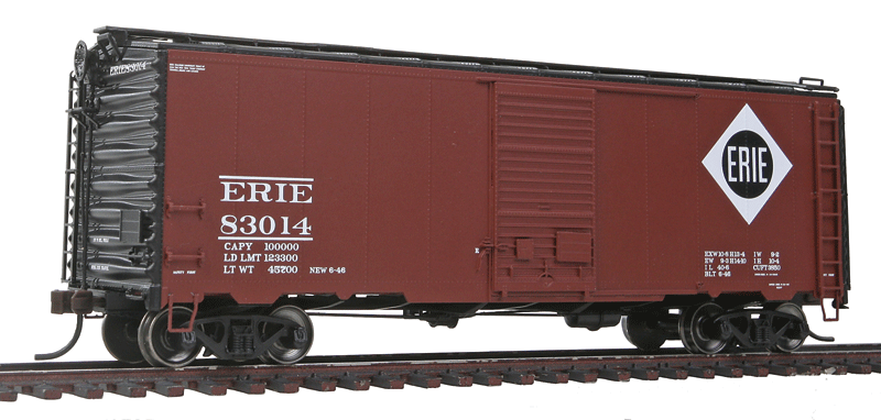 AAR Post-War Boxcar w/6' Door - Ready to Run - Master(R) -- Erie #83014 (Boxcar Red, white, black)-1