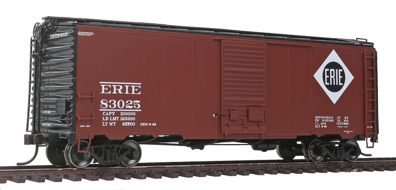 AAR Post-War Boxcar w/6' Door - Ready to Run - Master(R) -- Erie #83025 (Boxcar Red, white, black)