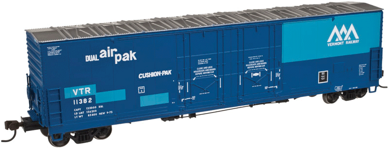 Evans 53' Double Plug-Door Boxcar - Ready to Run - Master -- Vermont Railway #11382 (Patched, blue)