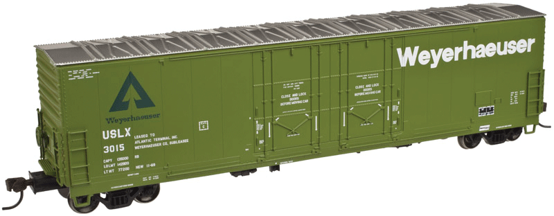 Evans 53' Double Plug-Door Boxcar - Ready to Run - Master -- Weyerhaeuser USLX #3015 (green, Large Lettering)