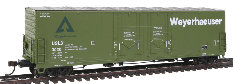 Evans 53' Double Plug-Door Boxcar - Ready to Run - Master -- Weyerhaeuser USLX #3020 (green, Large Lettering)