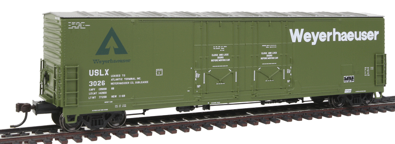 Evans 53' Double Plug-Door Boxcar - Ready to Run - Master -- Weyerhaeuser USLX #3026 (green, Large Lettering)