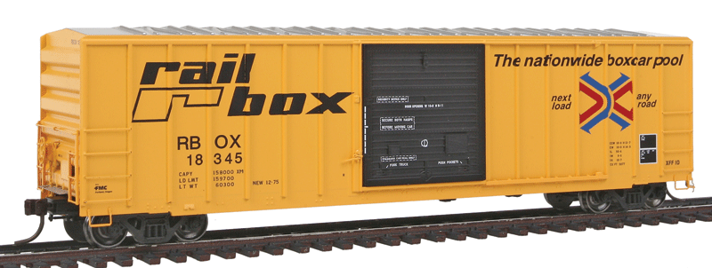 FMC 5077 Single Door Boxcar Early Version - Ready to Run - Master(R) -- Railbox #18345 (yellow, black, Large Logo)