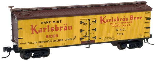 40' Wood Reefer - Ready to Run - Master(R) -- Karlsbrau Beer NRC #3215 (yellow, Boxcar Red, red)