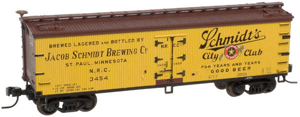 40' Wood Reefer - Ready to Run - Master(R) -- Schmidt's Brewing NRC #3455 (yellow, Boxcar Red, red)