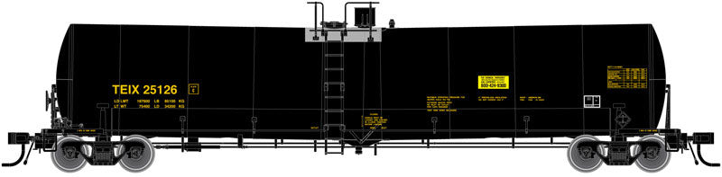 Trinity 25,500-Gallon Tank Car - Ready to Run - Master(R) -- Transportation Equipment TEIX #25145 (black, yellow Conspicuity Markings)