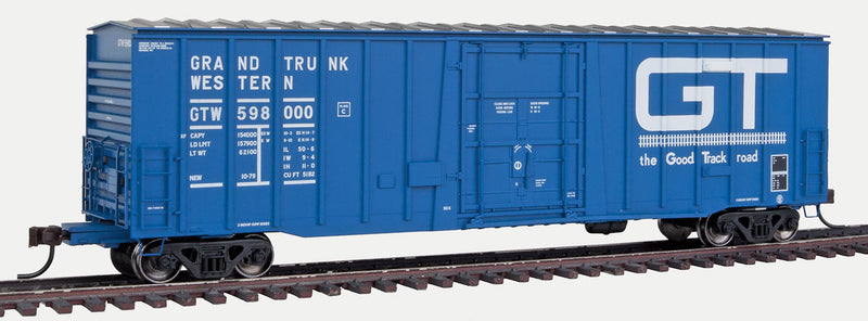 National Steel Car 5182 Plug-Door Boxcar - Ready to Run - Master(R) -- Grand Trunk Western #598000 (blue, white, Large GT, Good Track Road Slogan)