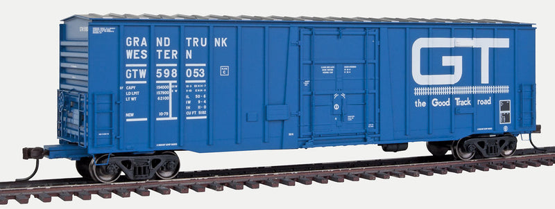 National Steel Car 5182 Plug-Door Boxcar - Ready to Run - Master(R) -- Grand Trunk Western #598053 (blue, white, Large GT, Good Track Road Slogan)