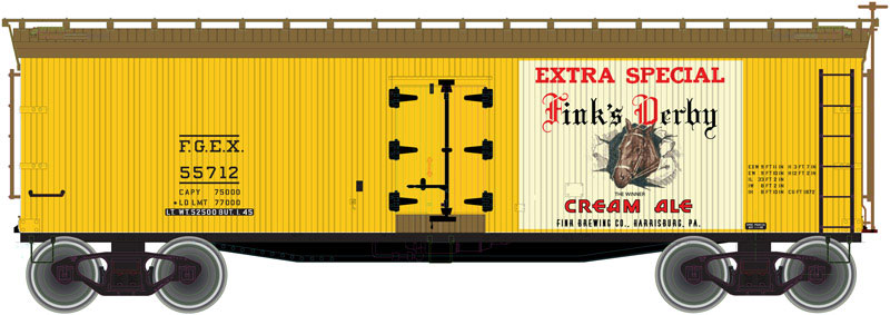 40' Wood Reefer - Ready to Run - Master(R) -- Finks Purple Ribbon Beer FGEX #55735 (Fantasy Scheme, yellow, Boxcar Red)