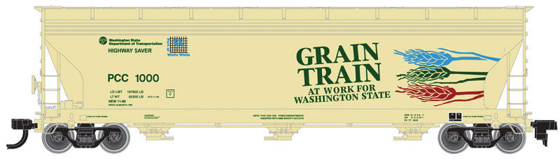 ACF 4650 Centerflow Covered Hopper Post-1971 Version - Ready to Run -- Palouse River & Coulee City #1009 (yellow, green; Grain Train Graphics)