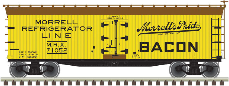 40' Wood Reefer - Ready to Run - Master(R) -- Morrell Refrigerator Line #71052 (yellow, Boxcar Red, black, Bacon)